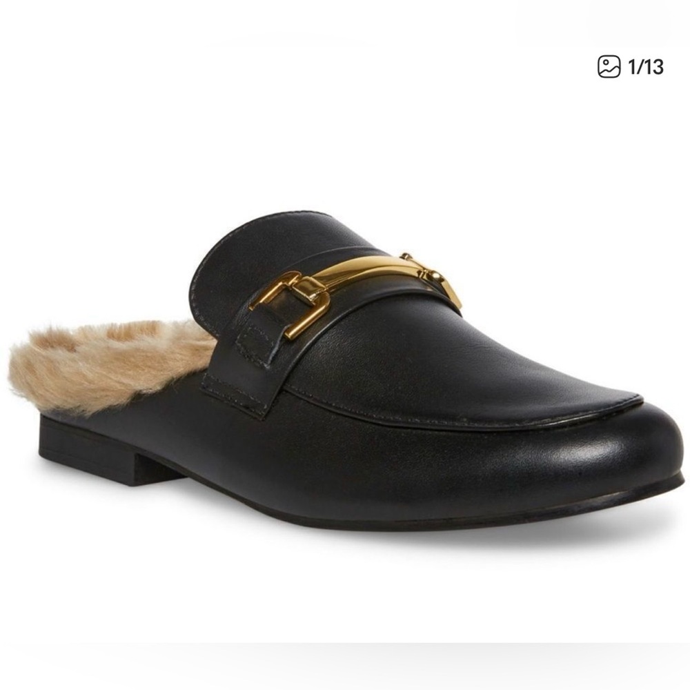 Steve Madden Black Leather Fur-Lined Mule with Gold Horsebit